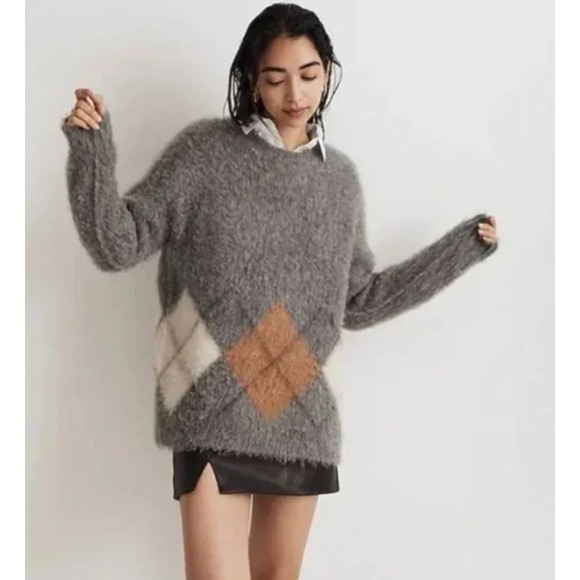Madewell Marilyn Brushed Argyle Crewneck Sweater Heather Pewter Argyle Sz XXS - Picture 1 of 9